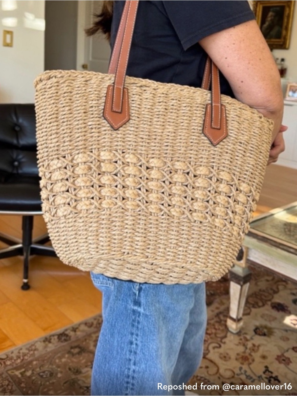 Natural Woven Raffia Loewe Tote with Genuine Leather Trim - Natural Straw Color - Picture 2 of 7